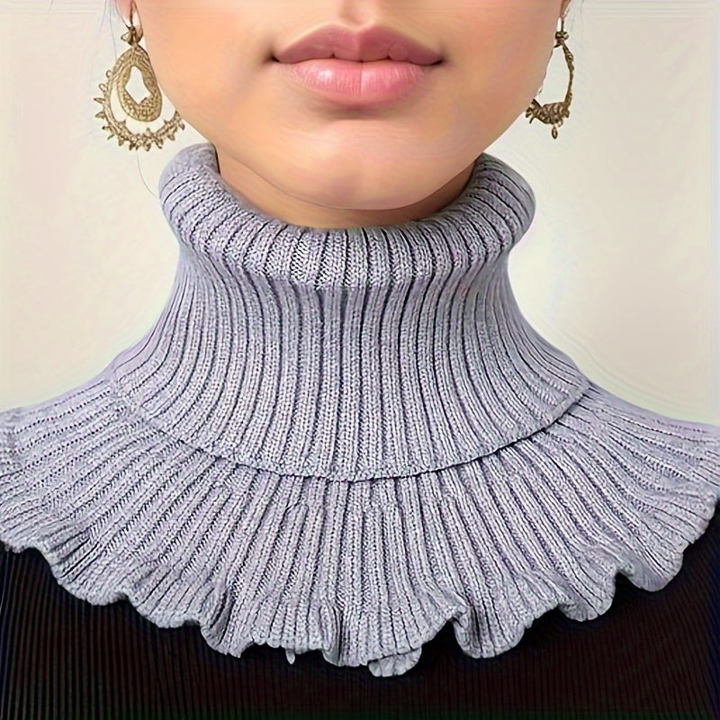 Soft Ruffle Infinity Scarf - Warm Monochrome Knit Fake Collar Neck Gaiter for Autumn Winter - Coldproof Elastic Decoration Pullover Neck Cover with Simple Thick Design
