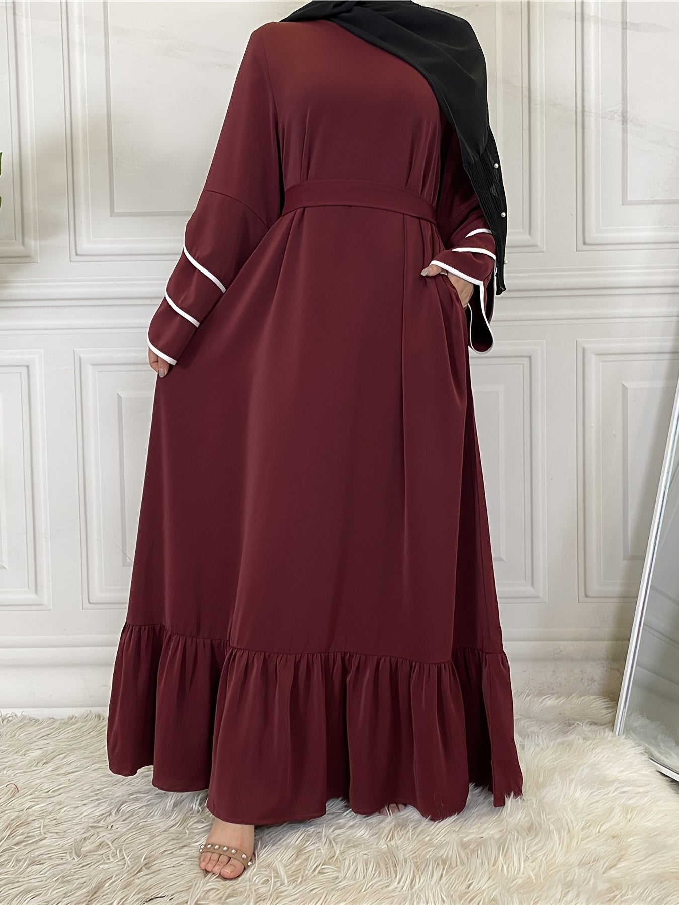 Solid Petal Sleeve Crew Neck Loose Modest Dress, Elegant Tie Waist Ruffled Hem Dress, Women's Clothing