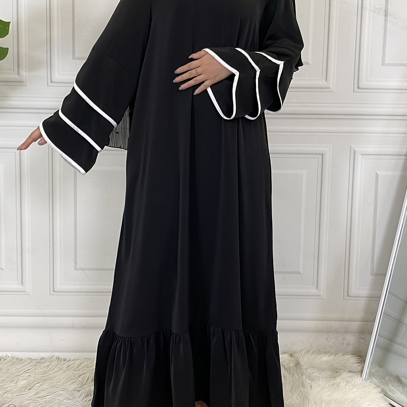 Solid Petal Sleeve Crew Neck Loose Modest Dress, Elegant Tie Waist Ruffled Hem Dress, Women's Clothing