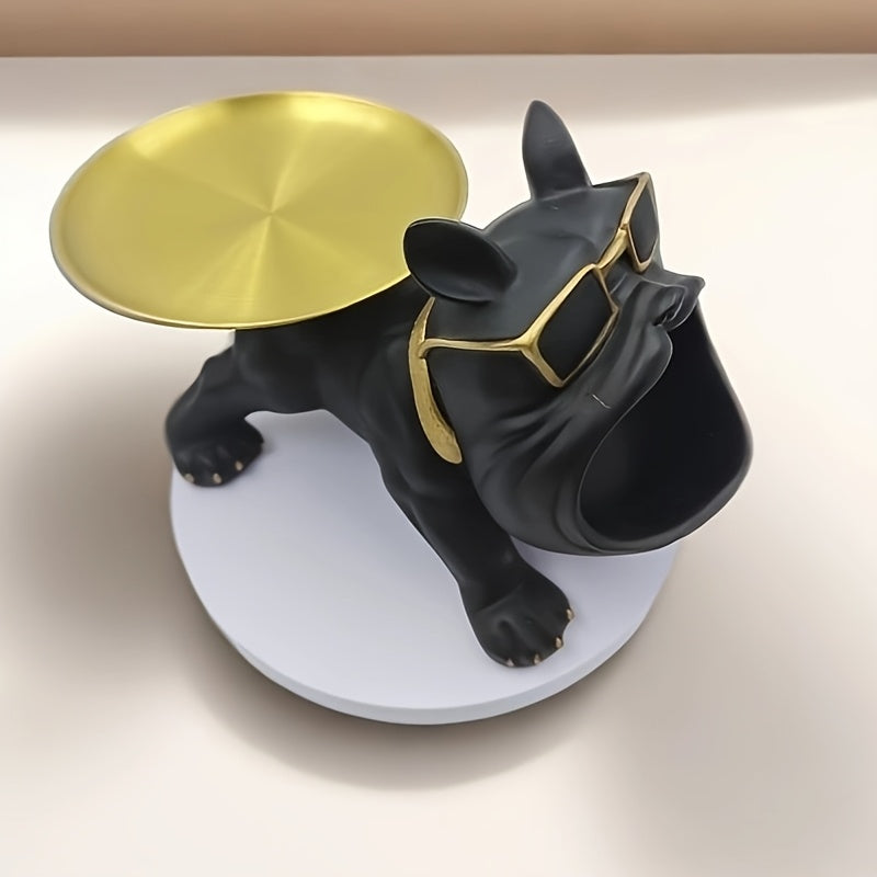 1 Chic Bulldog Storage Decor - Resin Art Statue with Glasses & Golden Tray, Ideal for Home & Office, Fits Living Room, Bedroom, Entryway - Perfect for Christmas, New Year, Mother'S Day, Halloween, Easter, Dog Deco