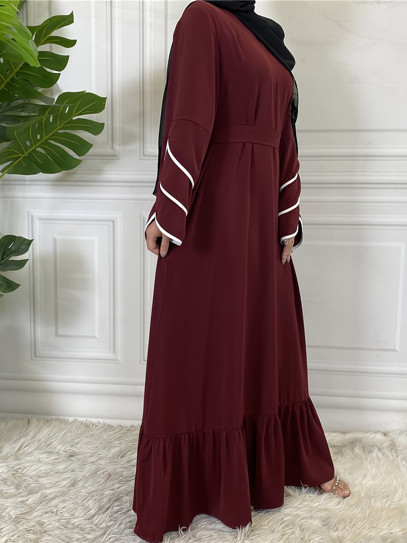 Solid Petal Sleeve Crew Neck Loose Modest Dress, Elegant Tie Waist Ruffled Hem Dress, Women's Clothing
