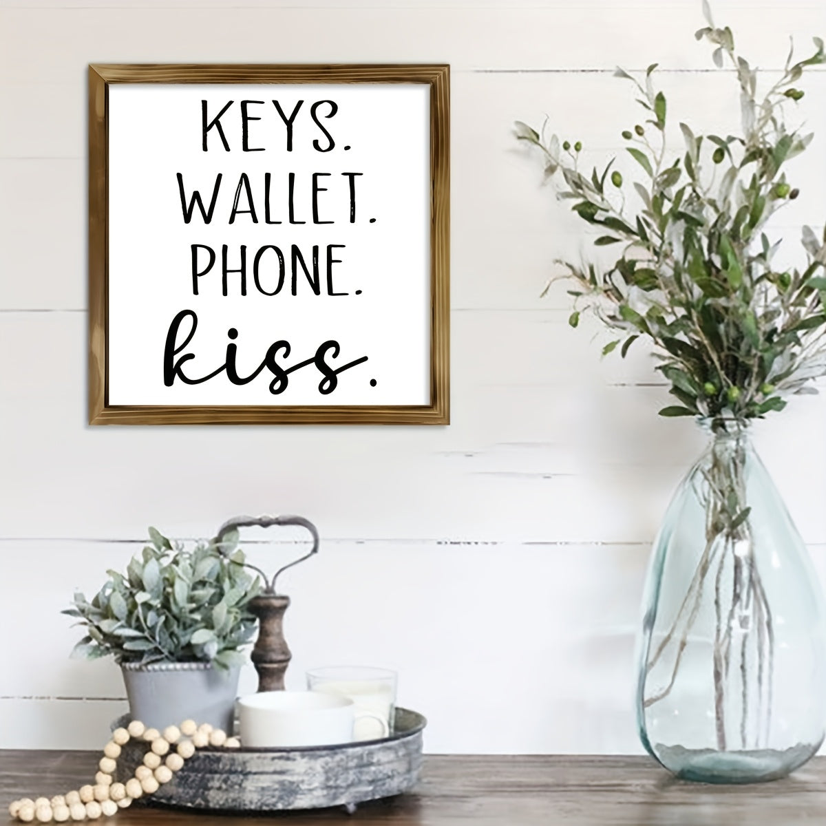 1pc Art Deco Classic Modern Style "Keys Wallet Phone Kiss" Wooden Sign, 8x8in Pine Wood Framed Canvas Wall Art, Fade-Resistant Indoor Portrait Orientation Poster for Living Room, Bedroom, Kitchen, Bathroom Decor, Ideal Housew