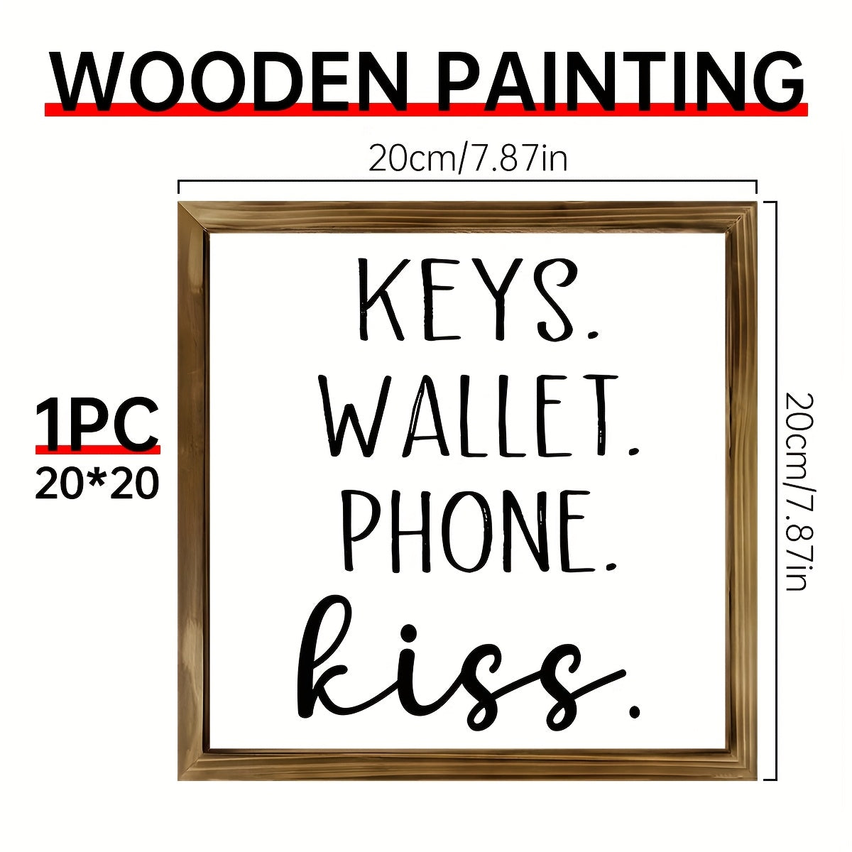 1pc Art Deco Classic Modern Style "Keys Wallet Phone Kiss" Wooden Sign, 8x8in Pine Wood Framed Canvas Wall Art, Fade-Resistant Indoor Portrait Orientation Poster for Living Room, Bedroom, Kitchen, Bathroom Decor, Ideal Housew