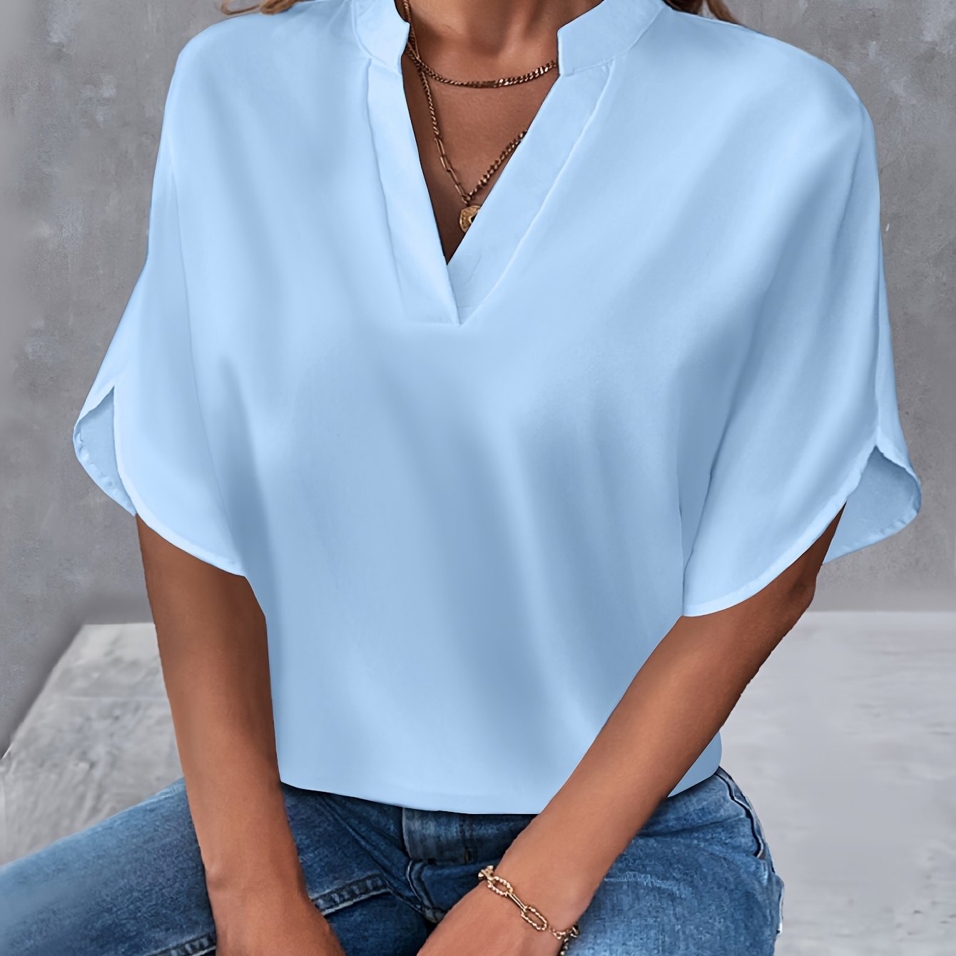 Solid Color Notch Neck Blouse, Casual Short Split Sleeve Blouse For Spring & Summer, Women's Clothing