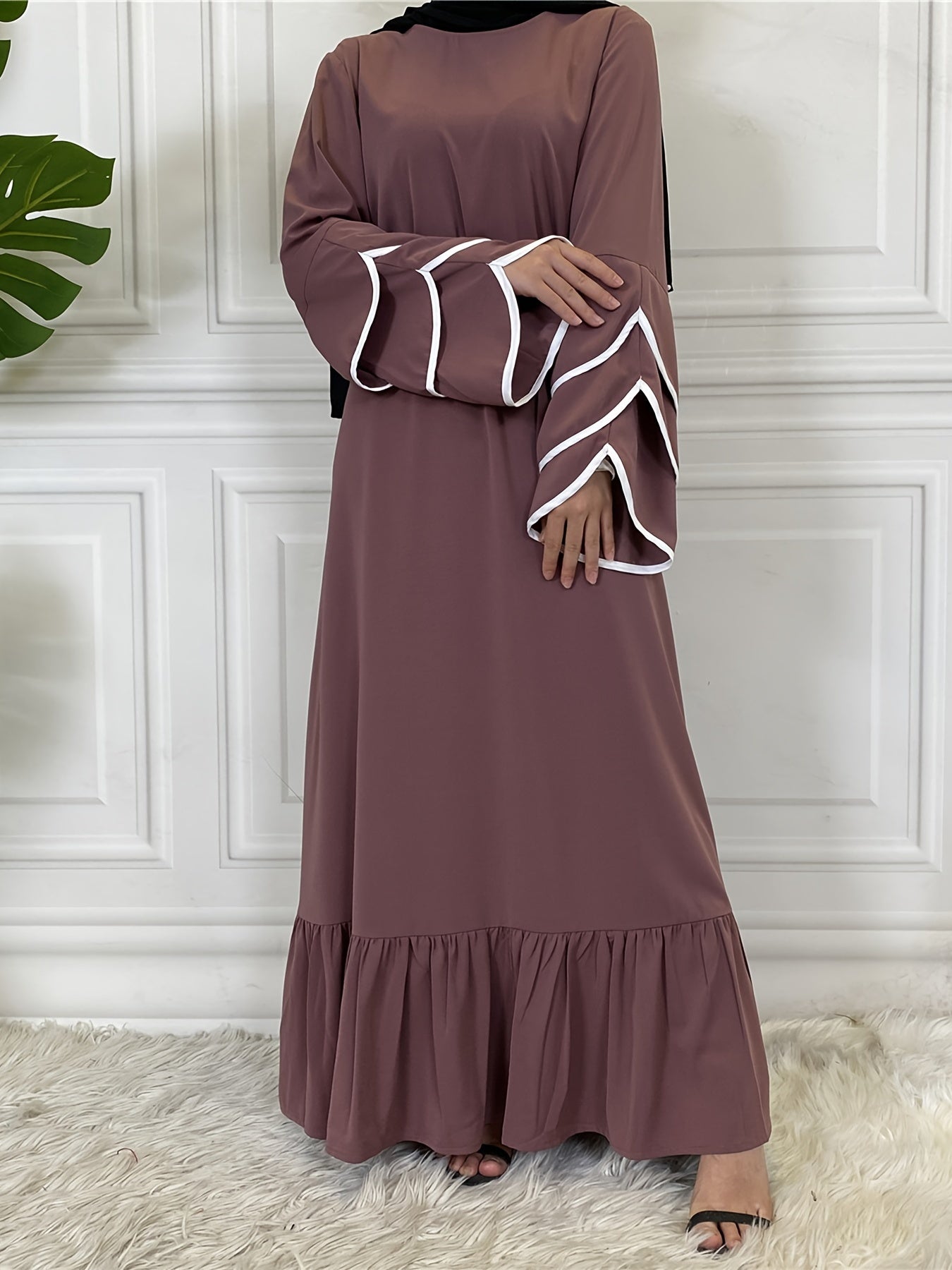 Solid Petal Sleeve Crew Neck Loose Modest Dress, Elegant Tie Waist Ruffled Hem Dress, Women's Clothing