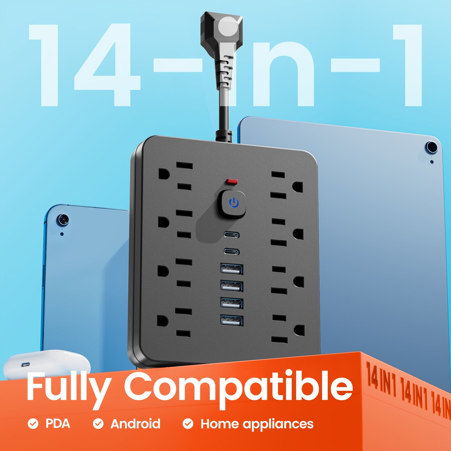 14-in-1 Power Strip with Surge Protector - 8 AC Outlets And 6 USB Ports (2 USB-C)| Flat Plug, Space Saving Design, Unique Short Cord Design, Overload Protection for Home, School, Office. Available In Black And White
