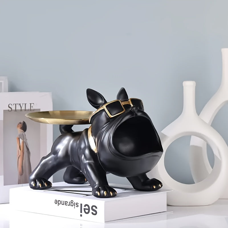 1 Chic Bulldog Storage Decor - Resin Art Statue with Glasses & Golden Tray, Ideal for Home & Office, Fits Living Room, Bedroom, Entryway - Perfect for Christmas, New Year, Mother'S Day, Halloween, Easter, Dog Deco
