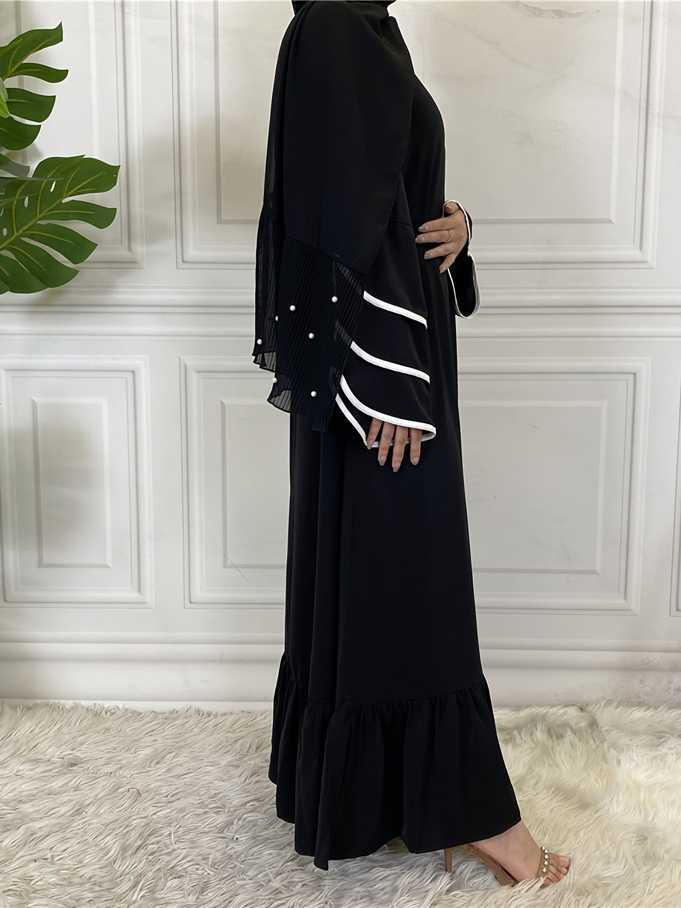 Solid Petal Sleeve Crew Neck Loose Modest Dress, Elegant Tie Waist Ruffled Hem Dress, Women's Clothing