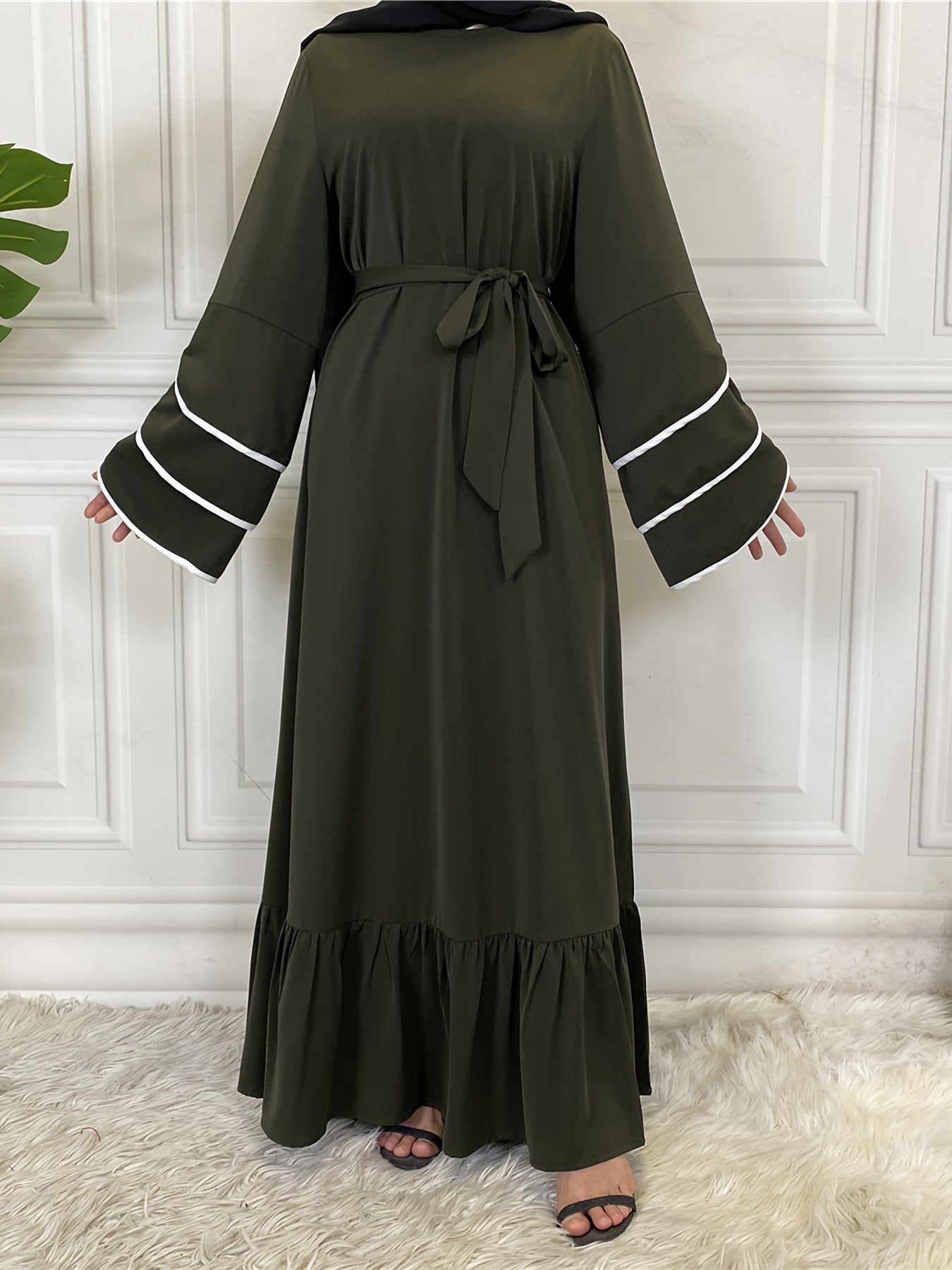 Solid Petal Sleeve Crew Neck Loose Modest Dress, Elegant Tie Waist Ruffled Hem Dress, Women's Clothing