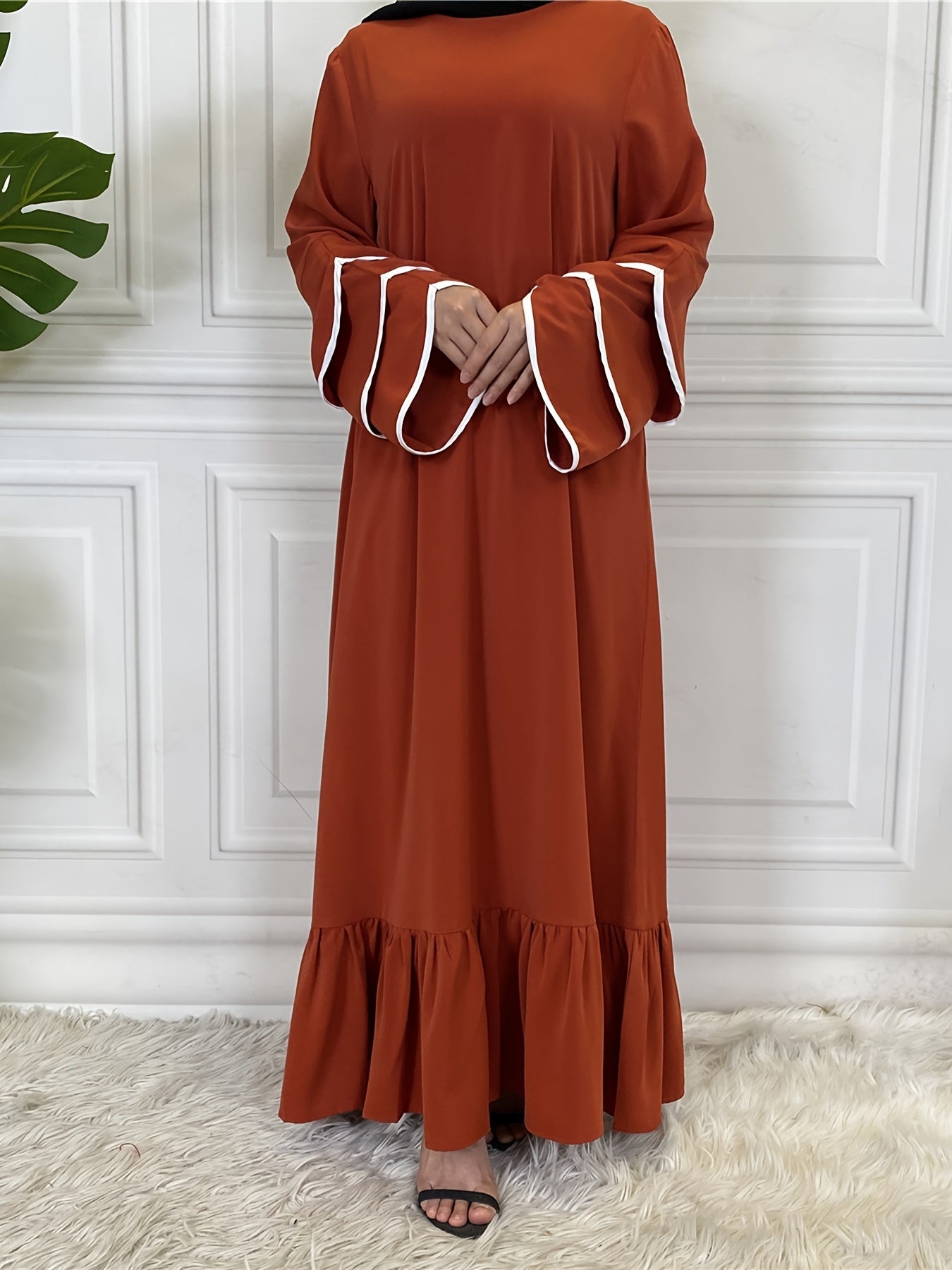 Solid Petal Sleeve Crew Neck Loose Modest Dress, Elegant Tie Waist Ruffled Hem Dress, Women's Clothing