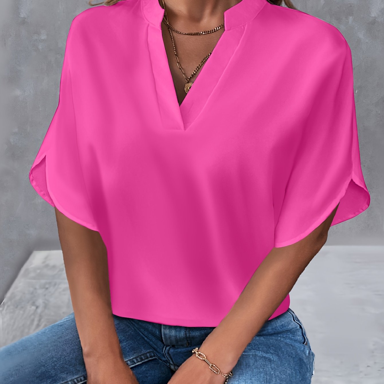 Solid Color Notch Neck Blouse, Casual Short Split Sleeve Blouse For Spring & Summer, Women's Clothing