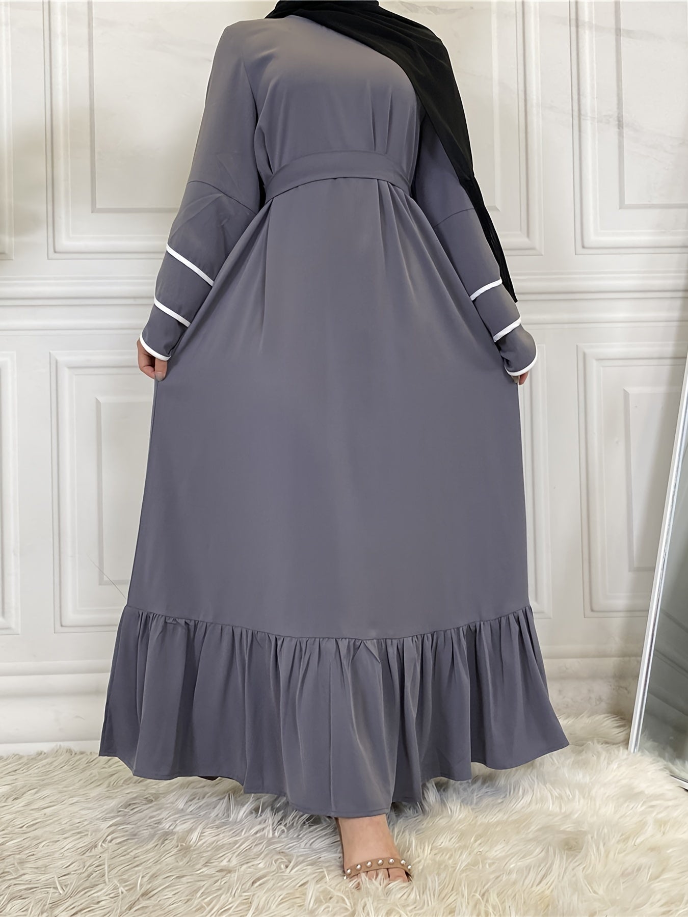 Solid Petal Sleeve Crew Neck Loose Modest Dress, Elegant Tie Waist Ruffled Hem Dress, Women's Clothing