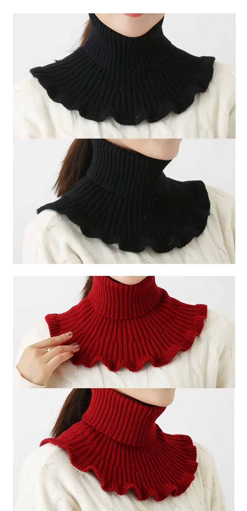 Soft Ruffle Infinity Scarf - Warm Monochrome Knit Fake Collar Neck Gaiter for Autumn Winter - Coldproof Elastic Decoration Pullover Neck Cover with Simple Thick Design