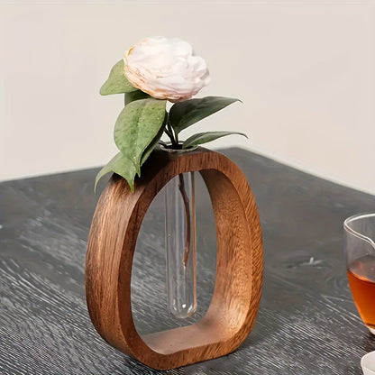 1pc Art Deco Style Wooden Round Vase with Glass Tube - Elegant Hydroponic Flower Vase for Home and Office Decor, No Electricity or Battery Needed, Ideal Christmas Gift, Vases for Flowers