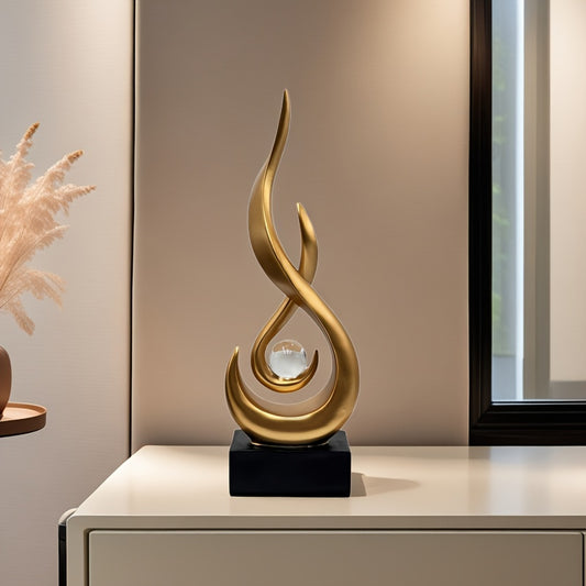 [Elegant Golden Flame Decor] Elegant Golden Flame Resin Decor with 1.18" Crystal Ball | Art Deco Style, No Power Needed, Indoor/Outdoor Home Decoration, Ideal for Housewarming Gifts, Tabletop Display, Abstract Artwork, Home D
