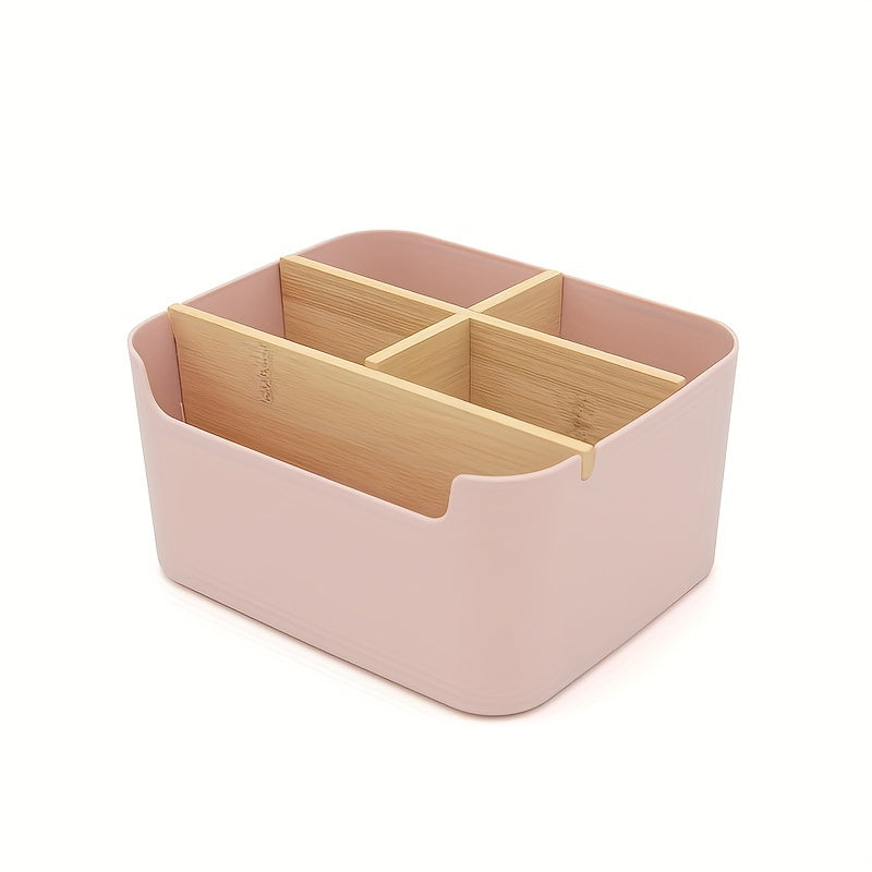 1pc 5 Compartments Bamboo Desk Organizer, Office Organizer with Pen Holder, Bathroom Make Up Storage Box, Living Room Sundries Holder, Bedroom Earing Hair Ring Jewelry Storage Box, Desk & Drawer Organizer for Home Storage