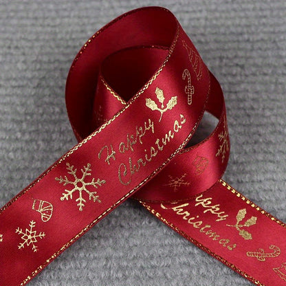 1pc 5 Yards 25mm Bronzing Christmas Ribbon Printed Polyester Ribbon For Christmas Decoration Gift Wrapping DIY Sewing Fabric