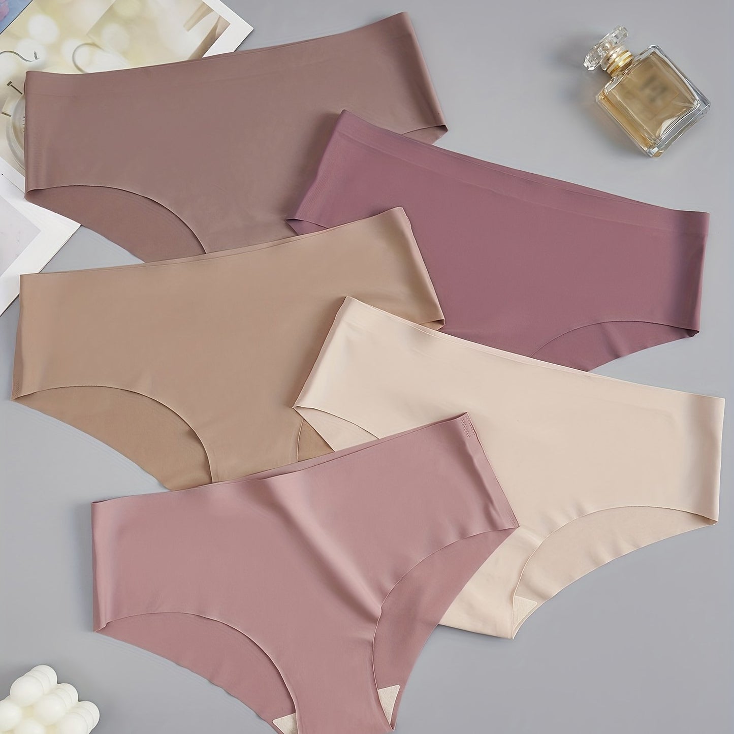 [Soft Briefs] 5pcs Soft & Comfortable Women's Briefs | Seamless, Low-Rise, Stretch Fit, Non-See-Through, Nylon Blend Underwear in Assorted Shades of Brown and Purple, Minimalist Style, Stretchy
