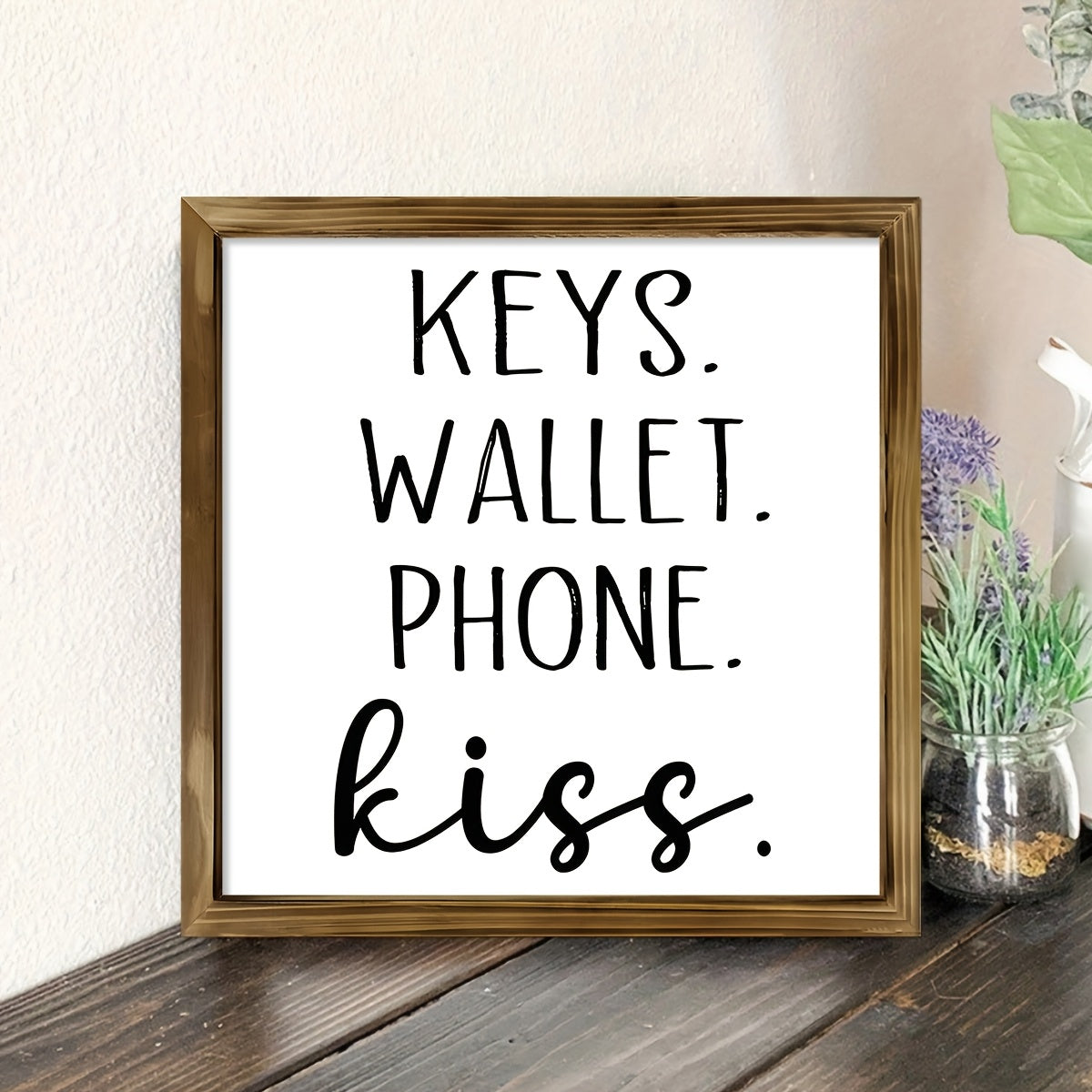 1pc Art Deco Classic Modern Style "Keys Wallet Phone Kiss" Wooden Sign, 8x8in Pine Wood Framed Canvas Wall Art, Fade-Resistant Indoor Portrait Orientation Poster for Living Room, Bedroom, Kitchen, Bathroom Decor, Ideal Housew