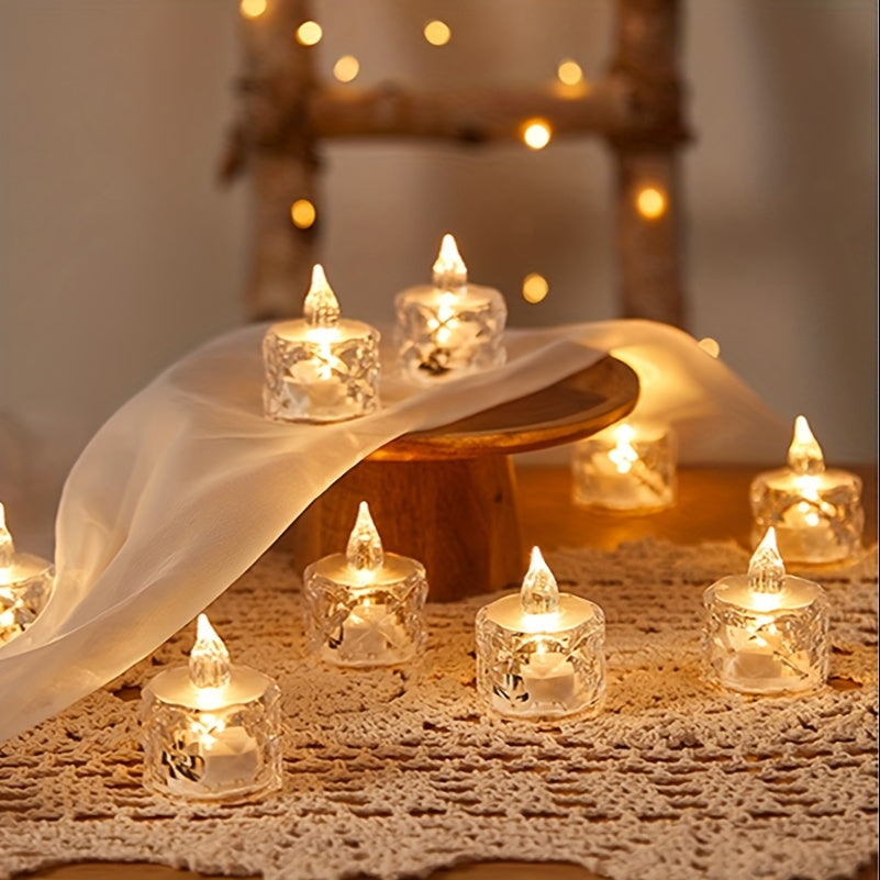 12pcs LED Electronic Candle Lights, Rose Pattern Vertical Refraction Halo Projection, Mini Simulated Flameless Candles For Wedding, Valentine's Day, Halloween, Christmas, Holiday, Home Decoration