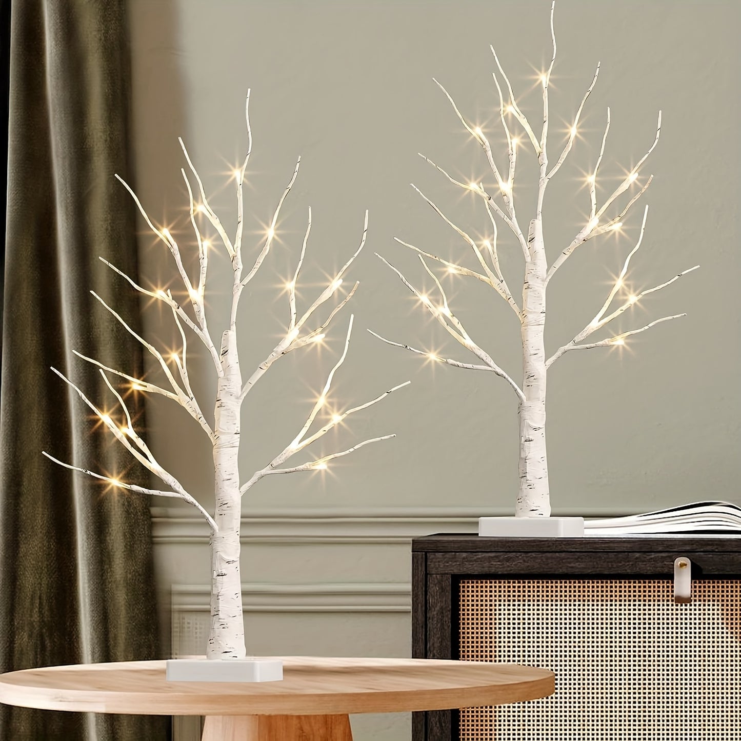 1pc 2ft Warm White Battery Operated White Birch Tree Lights for Home Decoration, Desktop Mini Artificial Tree Lights with Fireplace Holder for Christmas and Summer