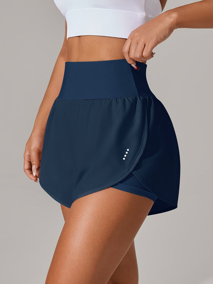 [Yoga Activewear] Women's Light Blue Yoga Shorts - Casual & Loose-Fit, High-Waisted with Ruffle Detail, Stretchy Polyester-Elastane Blend, Machine Washable, Perfect for Spring/Summer/Fall
