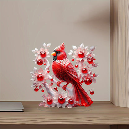 1pc Acrylic Cardinal Bird Statue with White Floral Accents, Art Deco Style Tabletop Decor, Animal Theme Desk Ornament, Ideal for Valentine'S Day, Christmas, Home, Office, Living Room, Bar - No Power Needed