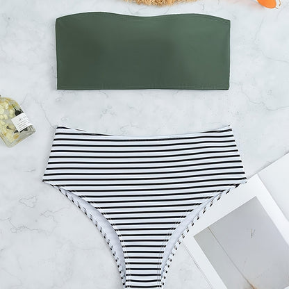 Striped Print Bandeau Two Piece Swimsuit, Army Green Strapless Tube Top, High Rise Black & White Striped Bottom Bikini Sets, Women's Swimwear & Clothing
