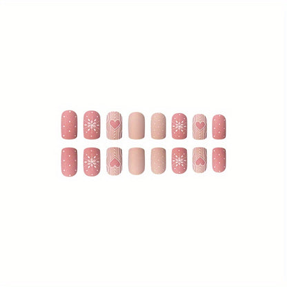 24pcs Faux Ongles Carrés Moyens Mats, Presse Rosâtre Sur Les Ongles Avec Coeur Gaufré 3D Et Motif Flocon De Neige, Faux Ongles Sweet Pour Femmes Filles Nail De Noël