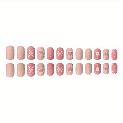 24pcs Faux Ongles Carrés Moyens Mats, Presse Rosâtre Sur Les Ongles Avec Coeur Gaufré 3D Et Motif Flocon De Neige, Faux Ongles Sweet Pour Femmes Filles Nail De Noël