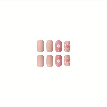 24pcs Faux Ongles Carrés Moyens Mats, Presse Rosâtre Sur Les Ongles Avec Coeur Gaufré 3D Et Motif Flocon De Neige, Faux Ongles Sweet Pour Femmes Filles Nail De Noël
