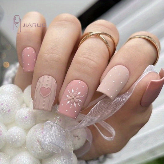 24pcs Faux Ongles Carrés Moyens Mats, Presse Rosâtre Sur Les Ongles Avec Coeur Gaufré 3D Et Motif Flocon De Neige, Faux Ongles Sweet Pour Femmes Filles Nail De Noël