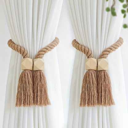 2pcs Magnetic Window Curtain Tiebacks Simple Wooden Tassel Curtain Buckle Curtain Holdback Suitable For Bedroom Living Room Kitchen Home Decoration