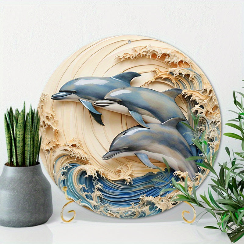 1pc 8x8inch Summer Aluminum Metal Sign 2 Dolphins in Water in A Circular Shaped Wall Decor (2)for   Relief Vision, Three-dimensional Effect, Wall Decoration, Home Decoration, Aluminum Sign Home Decor, Wall Decor