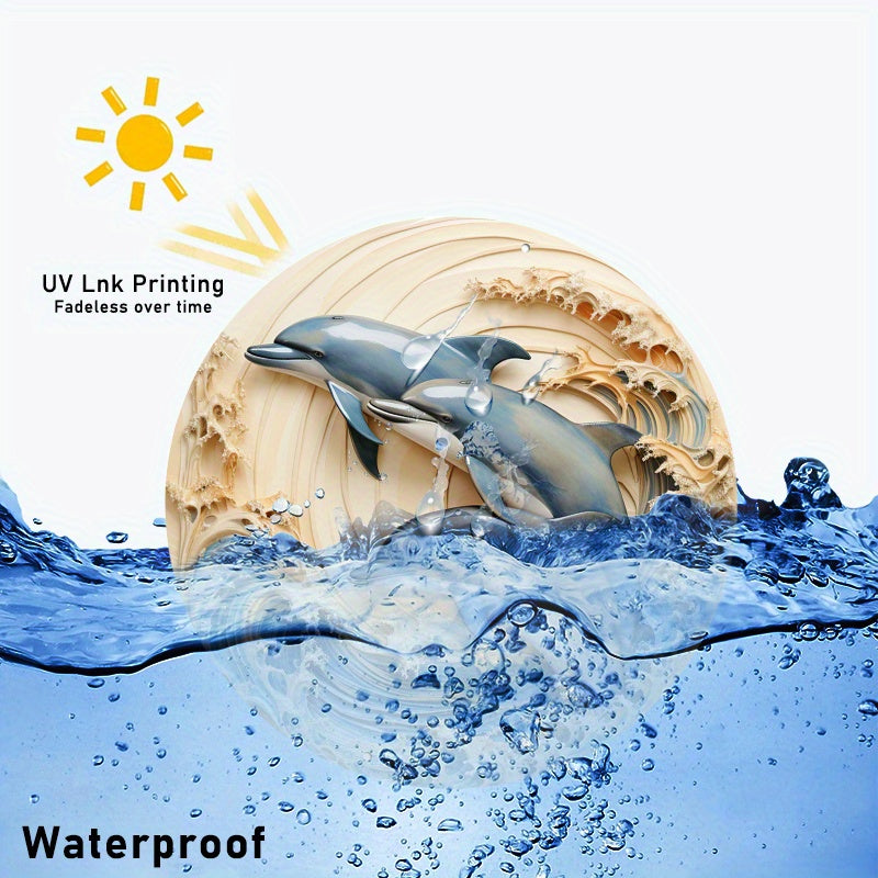 1pc 8x8inch Summer Aluminum Metal Sign 2 Dolphins in Water in A Circular Shaped Wall Decor (2)for   Relief Vision, Three-dimensional Effect, Wall Decoration, Home Decoration, Aluminum Sign Home Decor, Wall Decor