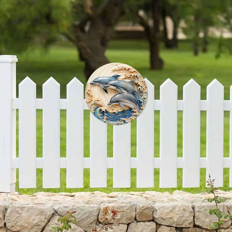 1pc 8x8inch Summer Aluminum Metal Sign 2 Dolphins in Water in A Circular Shaped Wall Decor (2)for   Relief Vision, Three-dimensional Effect, Wall Decoration, Home Decoration, Aluminum Sign Home Decor, Wall Decor