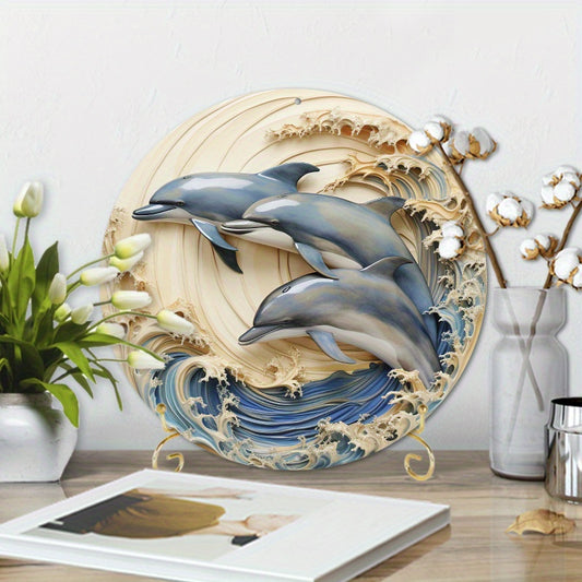 1pc 8x8inch Summer Aluminum Metal Sign 2 Dolphins in Water in A Circular Shaped Wall Decor (2)for   Relief Vision, Three-dimensional Effect, Wall Decoration, Home Decoration, Aluminum Sign Home Decor, Wall Decor