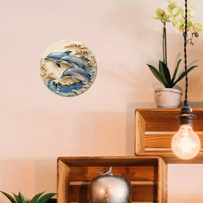 1pc 8x8inch Summer Aluminum Metal Sign 2 Dolphins in Water in A Circular Shaped Wall Decor (2)for   Relief Vision, Three-dimensional Effect, Wall Decoration, Home Decoration, Aluminum Sign Home Decor, Wall Decor