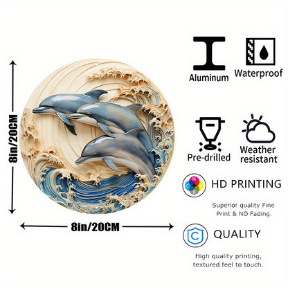 1pc 8x8inch Summer Aluminum Metal Sign 2 Dolphins in Water in A Circular Shaped Wall Decor (2)for   Relief Vision, Three-dimensional Effect, Wall Decoration, Home Decoration, Aluminum Sign Home Decor, Wall Decor
