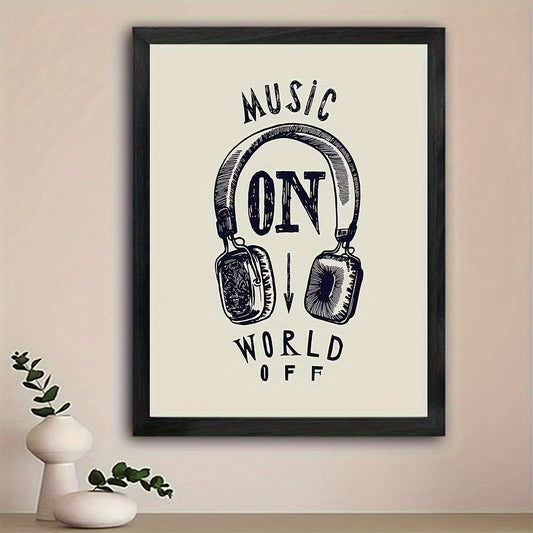 1pc Art Deco Style Unframed Fabric Canvas Wall Art - "Music ON World OFF" Inspirational Headphones Poster - Motivational Music Lovers Artwork for Home, Office, Living Room, Cafe Decor - Seasonal Décor for Christmas, New Year