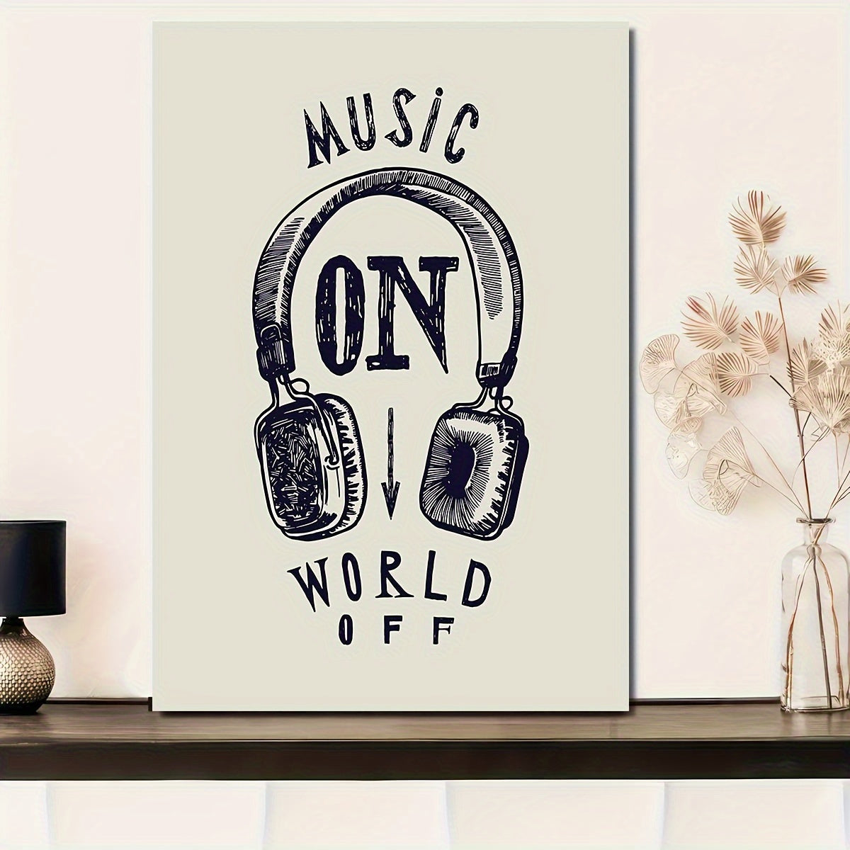 1pc Art Deco Style Unframed Fabric Canvas Wall Art - "Music ON World OFF" Inspirational Headphones Poster - Motivational Music Lovers Artwork for Home, Office, Living Room, Cafe Decor - Seasonal Décor for Christmas, New Year