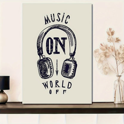 1pc Art Deco Style Unframed Fabric Canvas Wall Art - "Music ON World OFF" Inspirational Headphones Poster - Motivational Music Lovers Artwork for Home, Office, Living Room, Cafe Decor - Seasonal Décor for Christmas, New Year