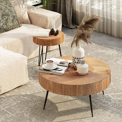 [Modern Farmhouse Nesting Table] Modern Farmhouse Nesting Table Round Natural Finish with Handcrafted Ring Motif, Light Red + Wood Color Furniture for Home, Storage Shelves, Nightstand, Living Room Coffee Table Set