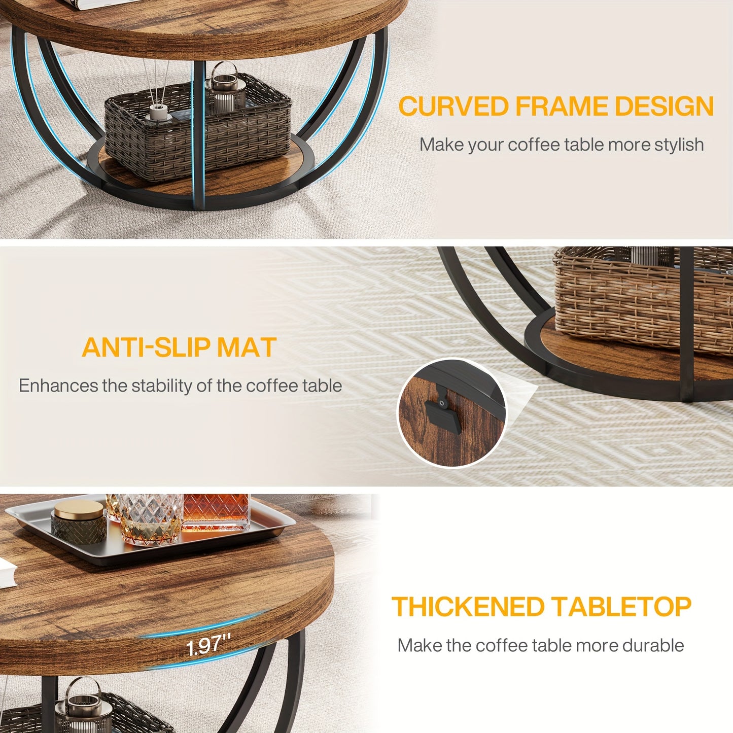Stylish 31.7" Round 2-Tier Coffee Table with Storage Shelves - Rustic Brown Wooden Accent Center Table for Living Room & Home Office, Modern Industrial Design with Metal Base, Ideal for Halloween & Thanksgiving Decor, Coffee