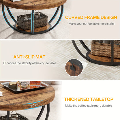 Stylish 31.7" Round 2-Tier Coffee Table with Storage Shelves - Rustic Brown Wooden Accent Center Table for Living Room & Home Office, Modern Industrial Design with Metal Base, Ideal for Halloween & Thanksgiving Decor, Coffee