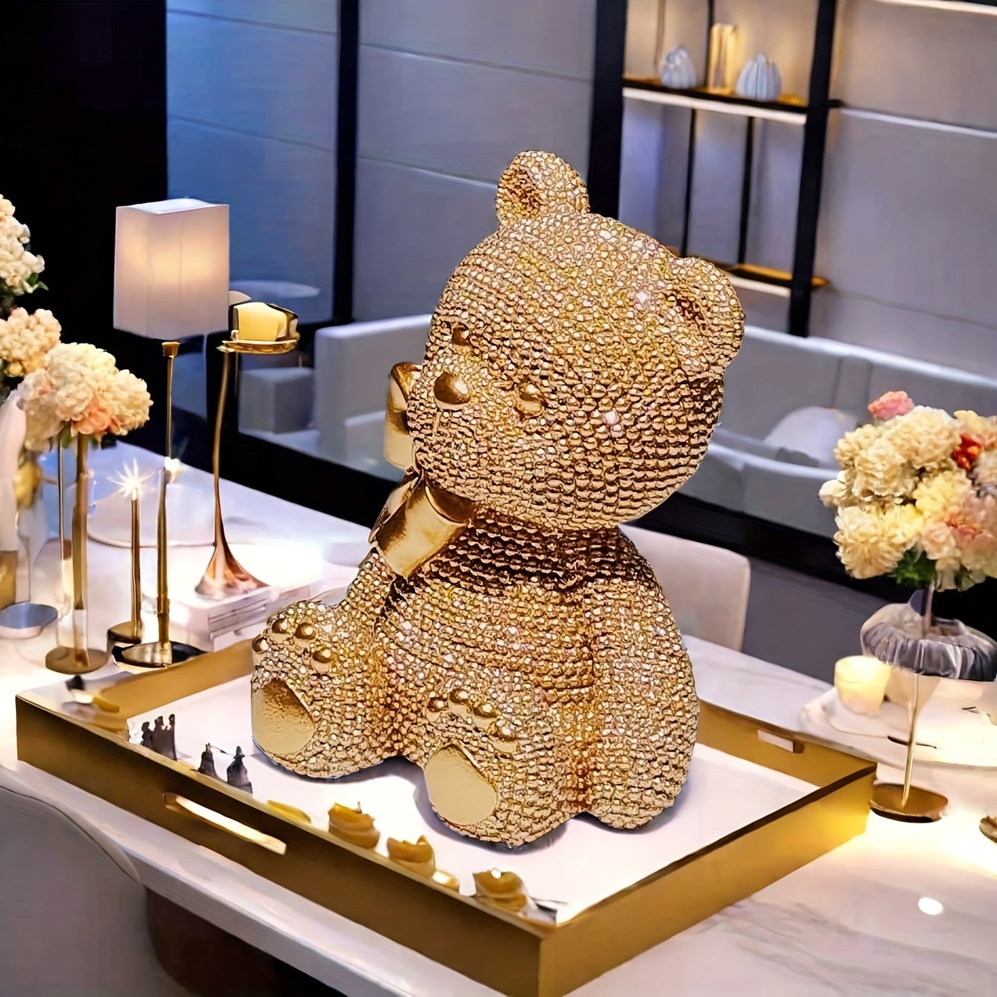 1pc Art Deco Resin Bow Bear Statue, Alphabet Animal Theme, Versatile Room Decor, Ideal for Christmas, Easter, Thanksgiving, New Year, Valentine'S Day - No Electricity Needed