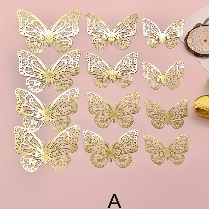 12pcs 3D Wall Sticker, Hollow Butterfly Self-Adhesive Wall Stickers, Bedroom Bathroom Living Room Porch Home Decoration Wall Stickers, Removable Stickers, Wall Decor Decals