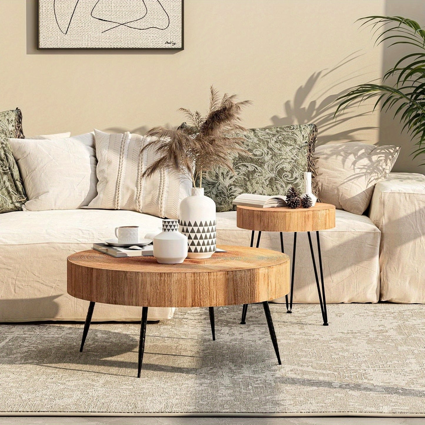 [Modern Farmhouse Nesting Table] Modern Farmhouse Nesting Table Round Natural Finish with Handcrafted Ring Motif, Light Red + Wood Color Furniture for Home, Storage Shelves, Nightstand, Living Room Coffee Table Set