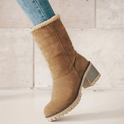 [Faux Fur Lined Boots] Warm Faux Fur Lined Women's Boots - Slip On Block Heeled Ankle Boots - Women's Footwear