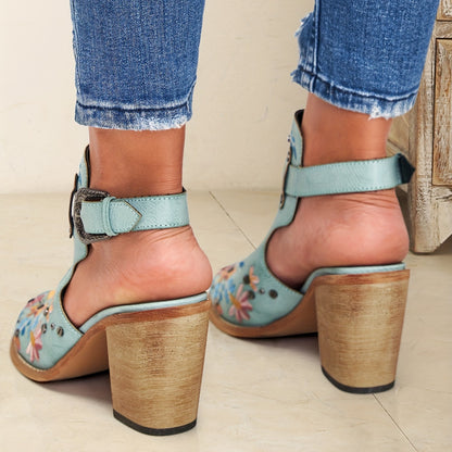 [New, Chunky Heel Boots] 2025 New Chunky Heel Ankle Boots | Women's Pointed Toe Floral Vintage Style with Comfortable Open Back Strap